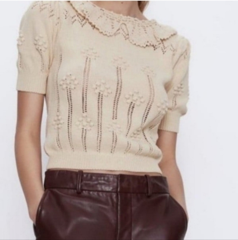 Zara Crochet Knit Peterpan Collar Womens Sweater Top Size Small